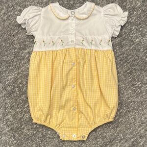 EUC The Proper Peony Yellow gingham floral embroidery Bubble Romper 18mo